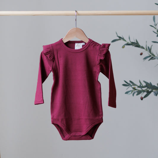 Burgundy Long Sleeve Frill Bodysuit