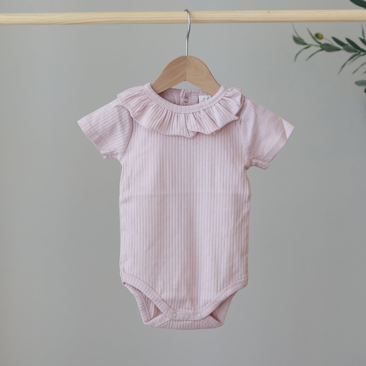 Vintage Pink Short Sleeve Ruffle Neck Bodysuit
