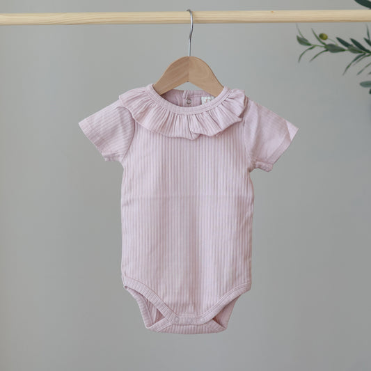 Vintage Pink Short Sleeve Ruffle Neck Bodysuit