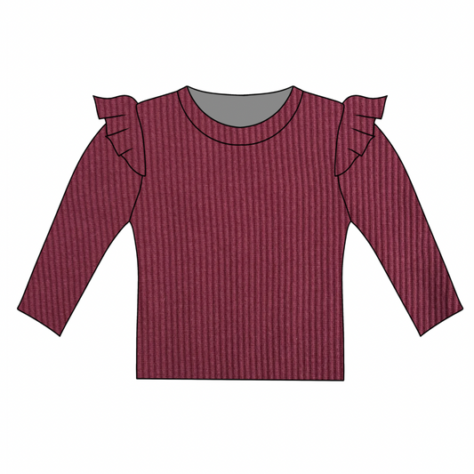 PREORDER Burgundy Long Sleeve Frill Top
