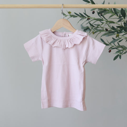 Vintage Pink Short Sleeve Ruffle Neck Top