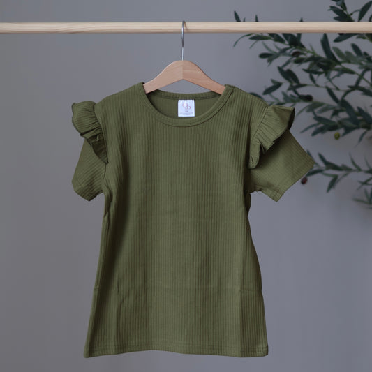 Forest Green Short Sleeve Frill Top